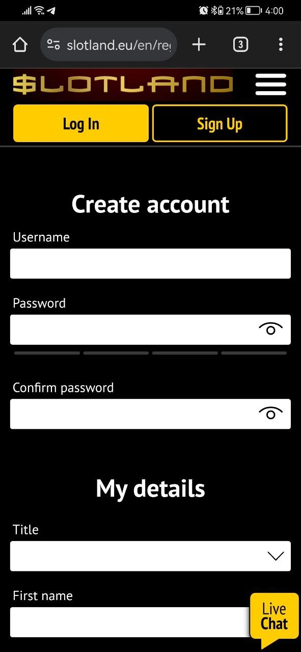 Slotland Casino registration form.